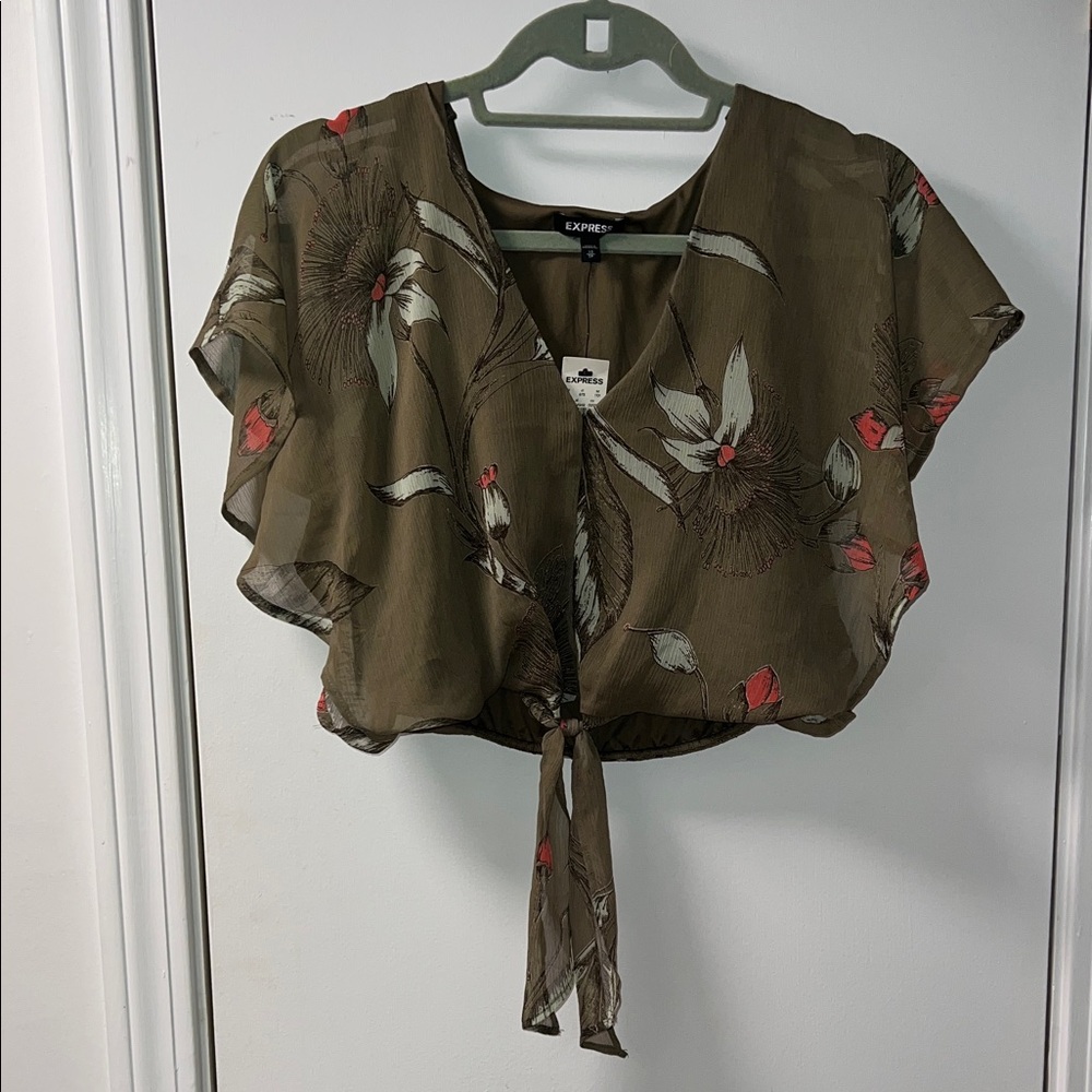 Express Olive and Red Floral Toe Crop Top